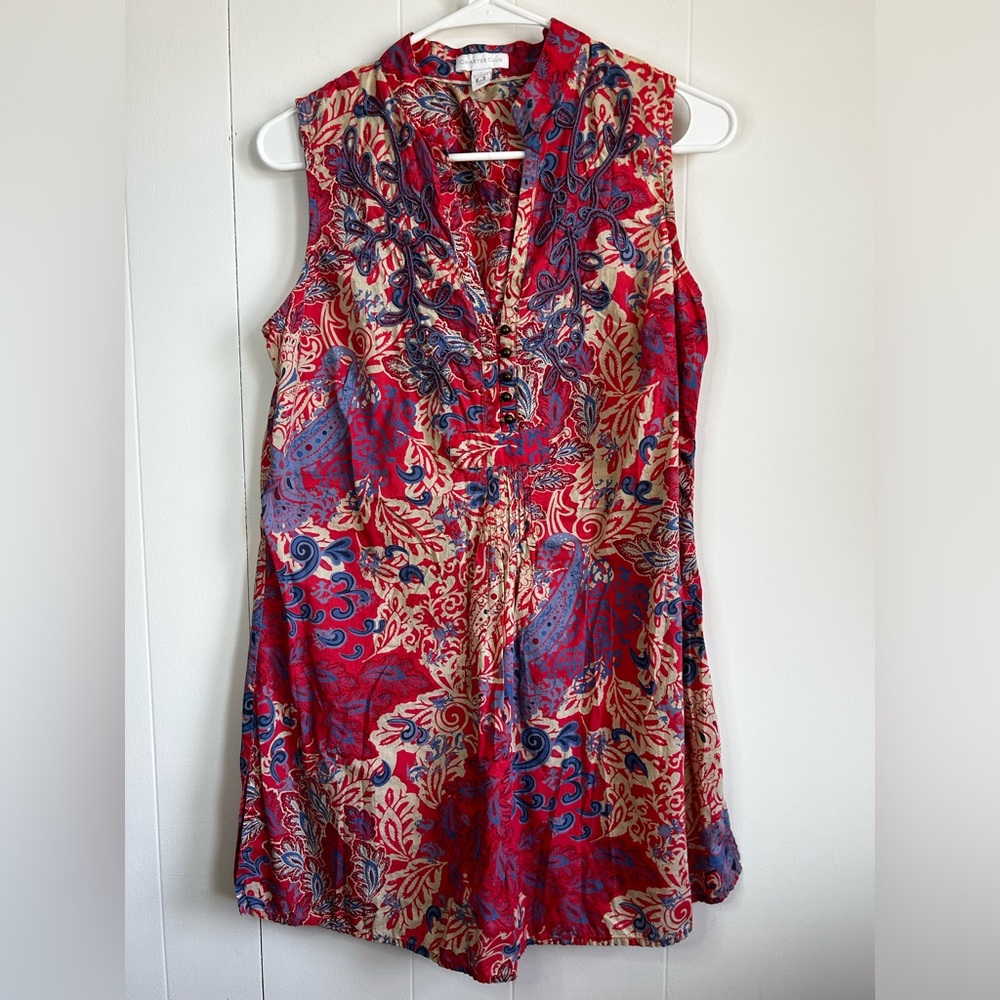 Charter Club Dress Size 4 Red Blue Print Cotton Mini Dress EUC
